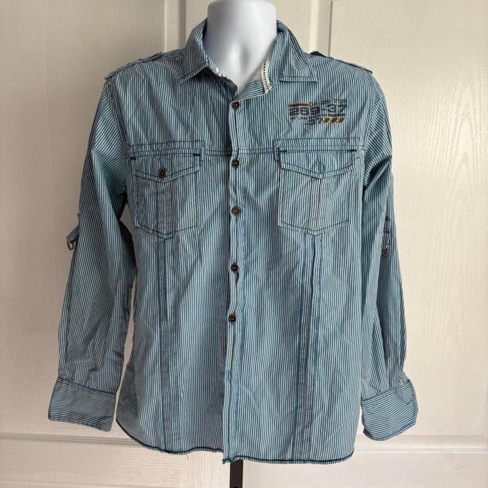 Blue striped cotton shirt‎ with button-up front